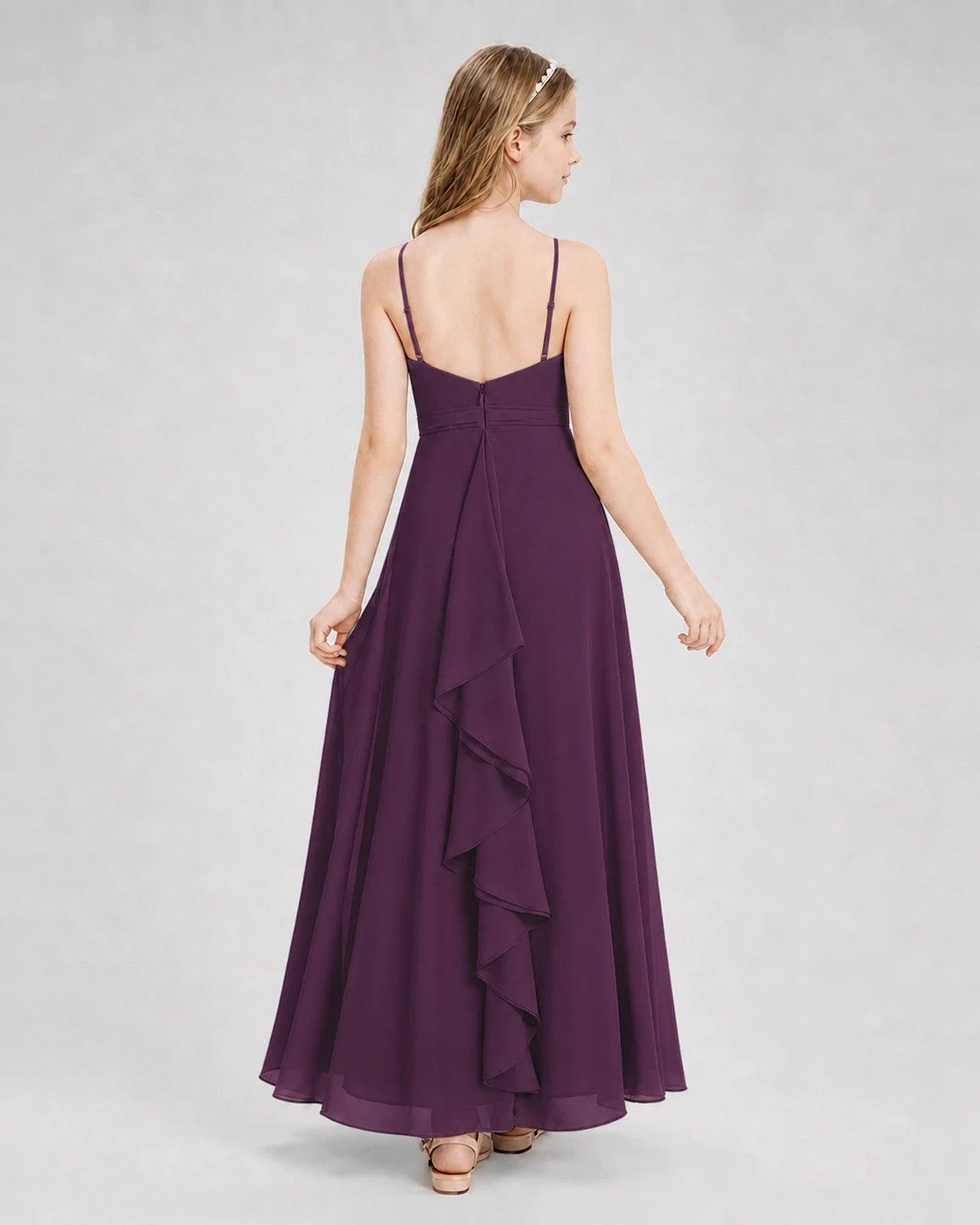 Dideyttawl Pleated Chiffon Junior Bridesmaid Dress with Back Cascading Ruffle