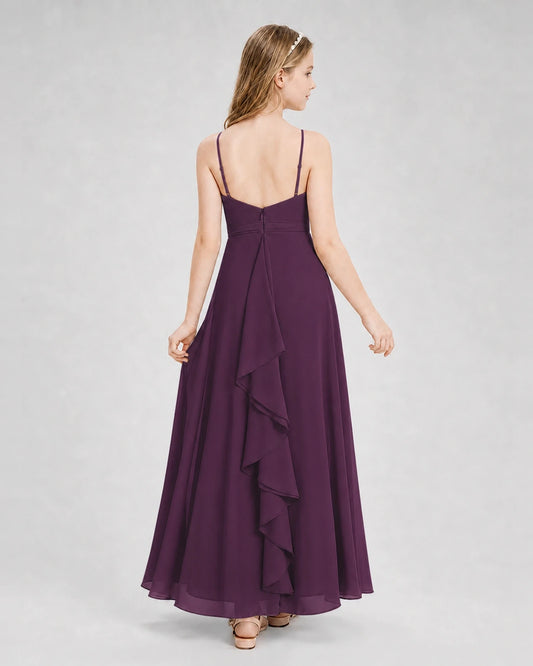 Grape Chiffon Ruffled A-Line Junior Bridesmaid Dresses Back View