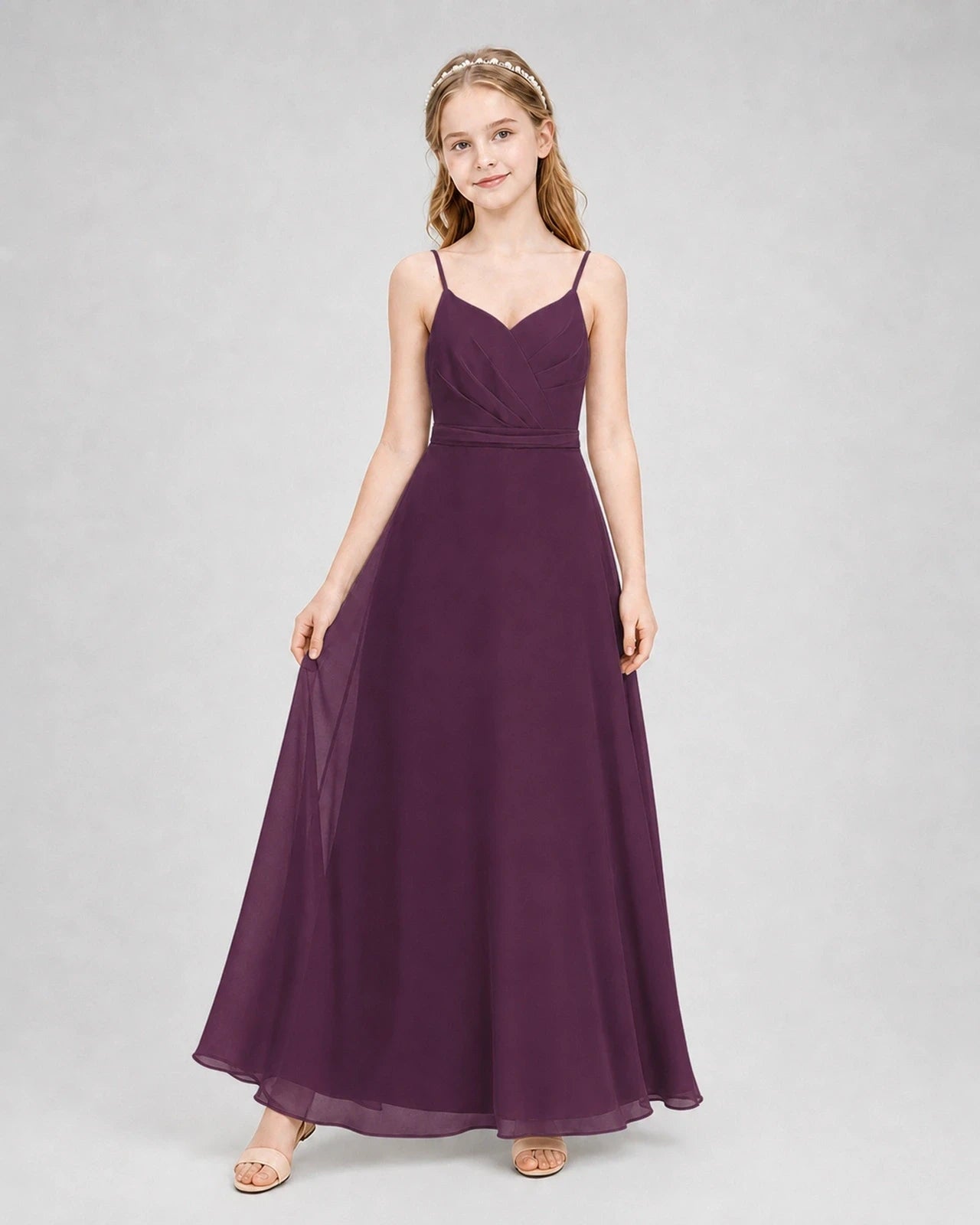Dideyttawl Pleated Chiffon Junior Bridesmaid Dress with Back Cascading Ruffle