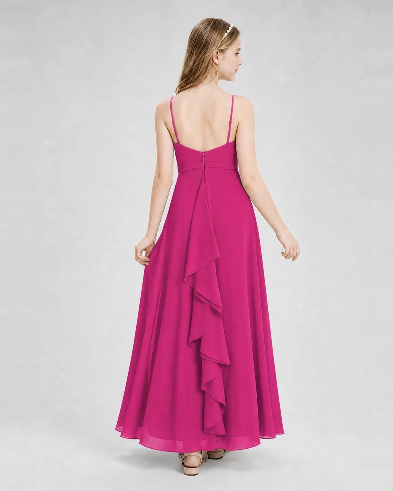 Dideyttawl Pleated Chiffon Junior Bridesmaid Dress with Back Cascading Ruffle