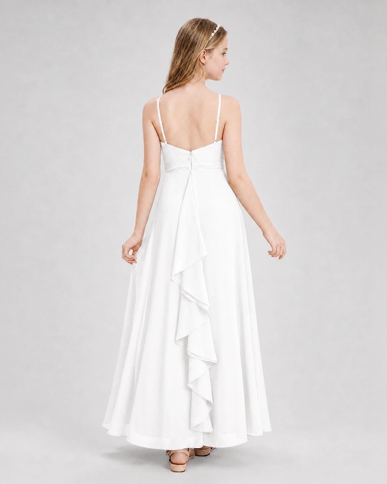 Dideyttawl Pleated Chiffon Junior Bridesmaid Dress with Back Cascading Ruffle