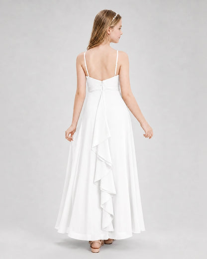 Dideyttawl Pleated Chiffon Junior Bridesmaid Dress with Back Cascading Ruffle