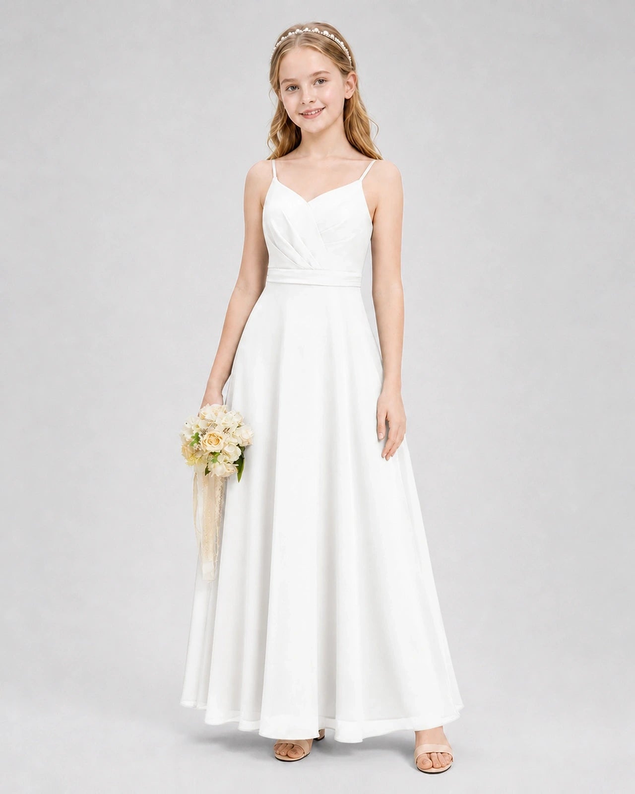 Dideyttawl Pleated Chiffon Junior Bridesmaid Dress with Back Cascading Ruffle