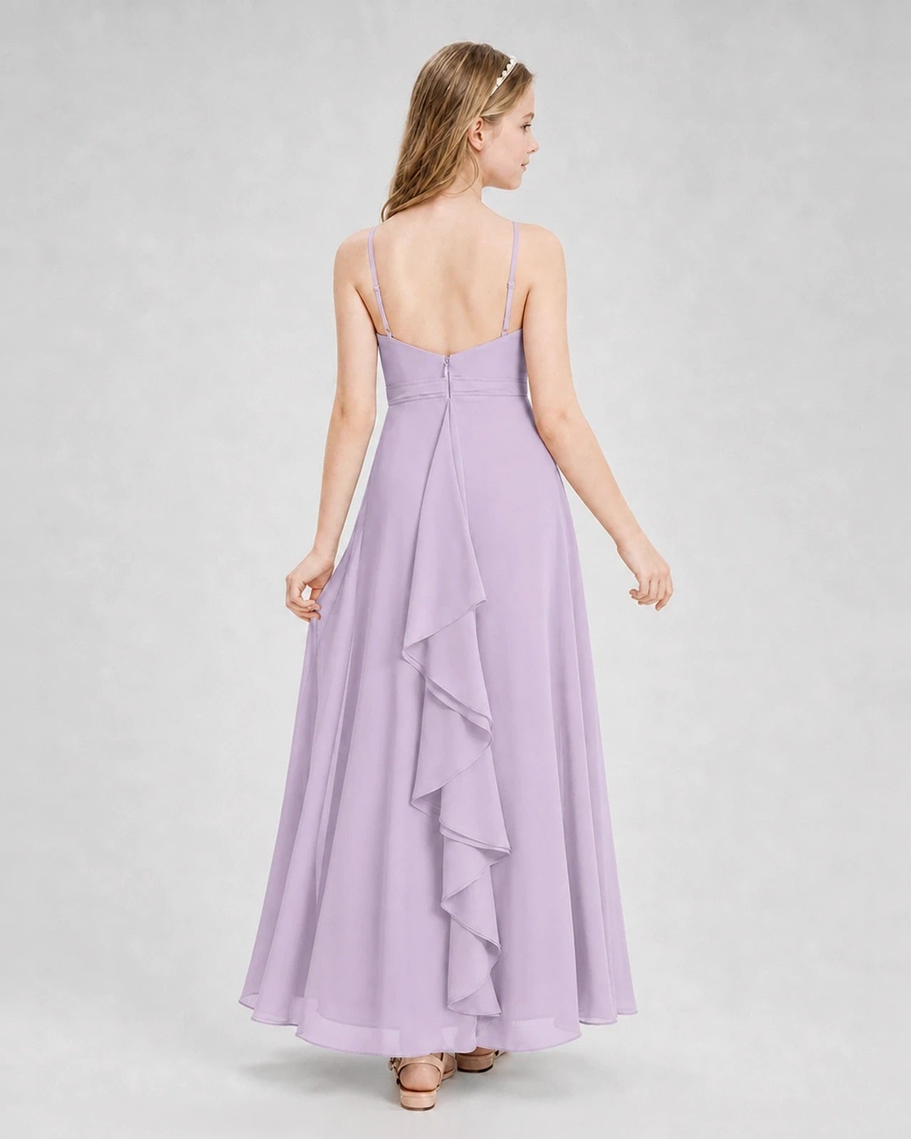 Dideyttawl Pleated Chiffon Junior Bridesmaid Dress with Back Cascading Ruffle