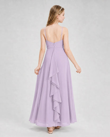 Dideyttawl Pleated Chiffon Junior Bridesmaid Dress with Back Cascading Ruffle