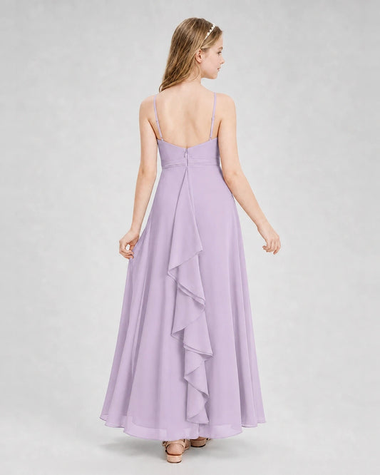 Lavender chiffon spaghetti strap ruffle back junior bridesmaid dress Back View