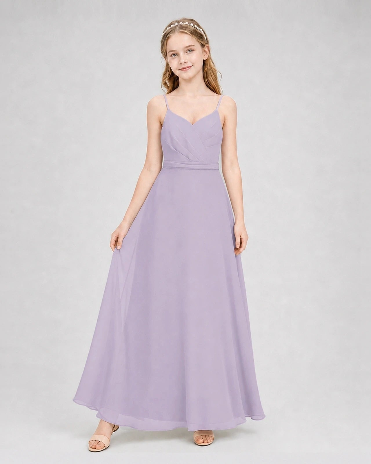 Dideyttawl Pleated Chiffon Junior Bridesmaid Dress with Back Cascading Ruffle
