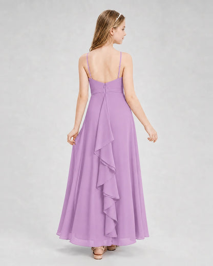 Dideyttawl Pleated Chiffon Junior Bridesmaid Dress with Back Cascading Ruffle