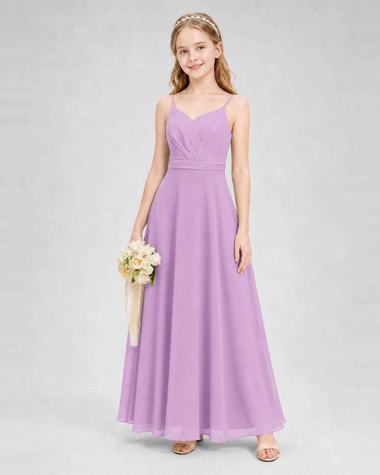 Dideyttawl Pleated Chiffon Junior Bridesmaid Dress with Back Cascading Ruffle