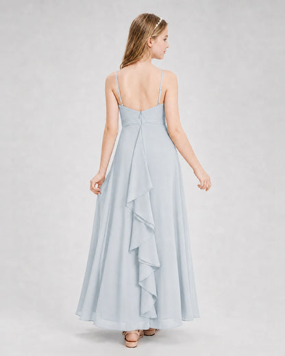 Dideyttawl Pleated Chiffon Junior Bridesmaid Dress with Back Cascading Ruffle