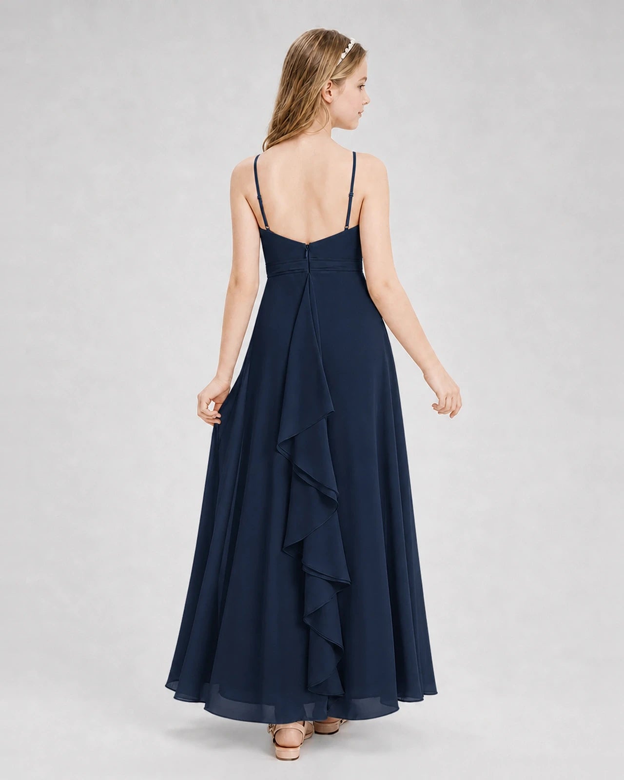 Dideyttawl Pleated Chiffon Junior Bridesmaid Dress with Back Cascading Ruffle