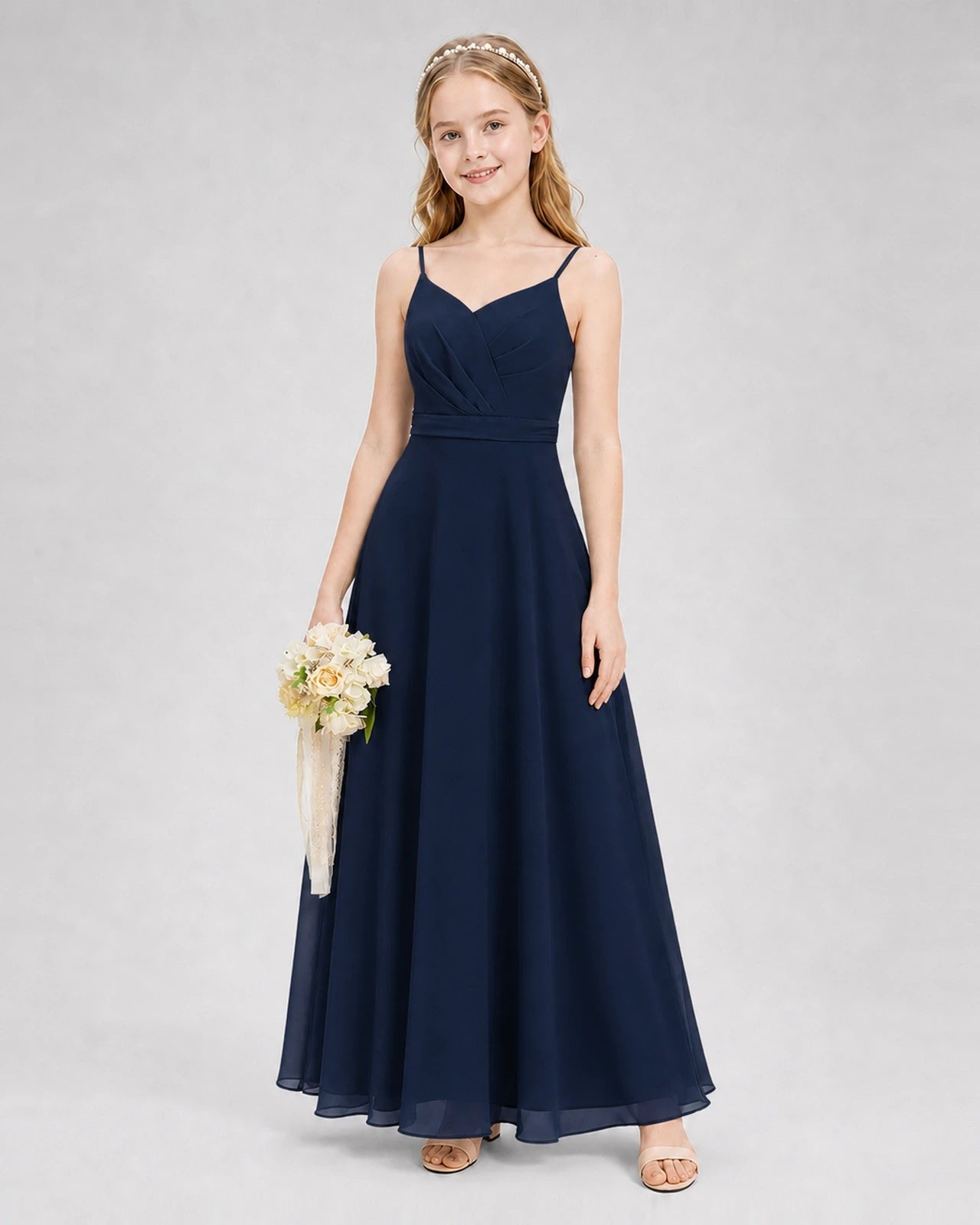 Dideyttawl Pleated Chiffon Junior Bridesmaid Dress with Back Cascading Ruffle