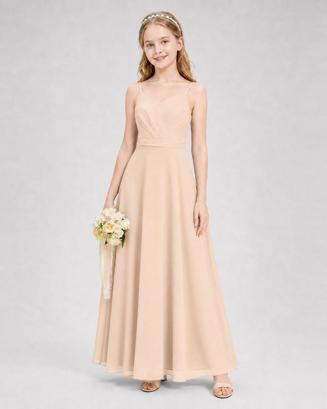 Dideyttawl Pleated Chiffon Junior Bridesmaid Dress with Back Cascading Ruffle