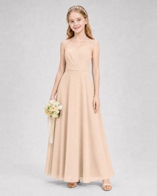 Peach chiffon pleated A-line junior bridesmaid dress Front View