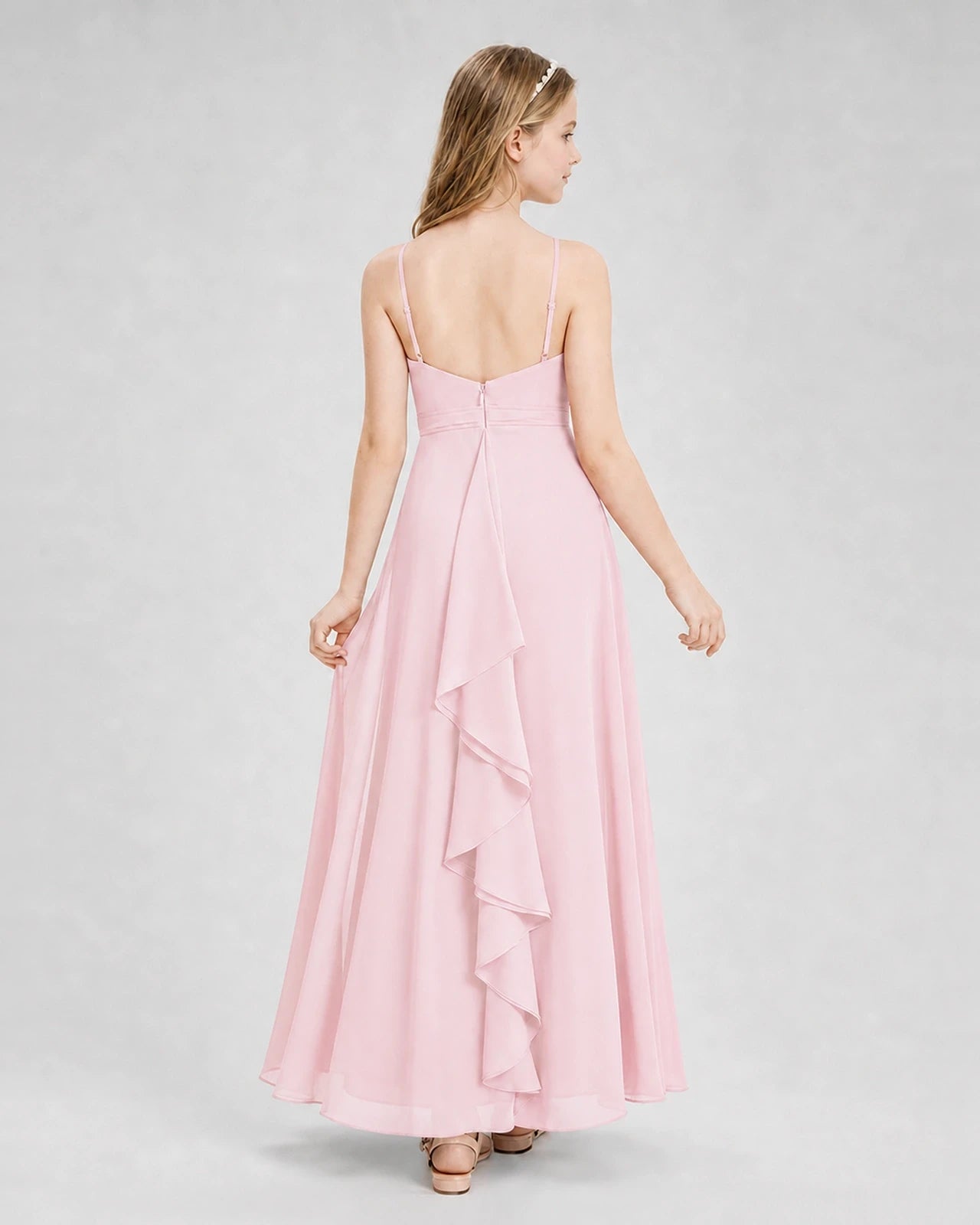 Dideyttawl Pleated Chiffon Junior Bridesmaid Dress with Back Cascading Ruffle