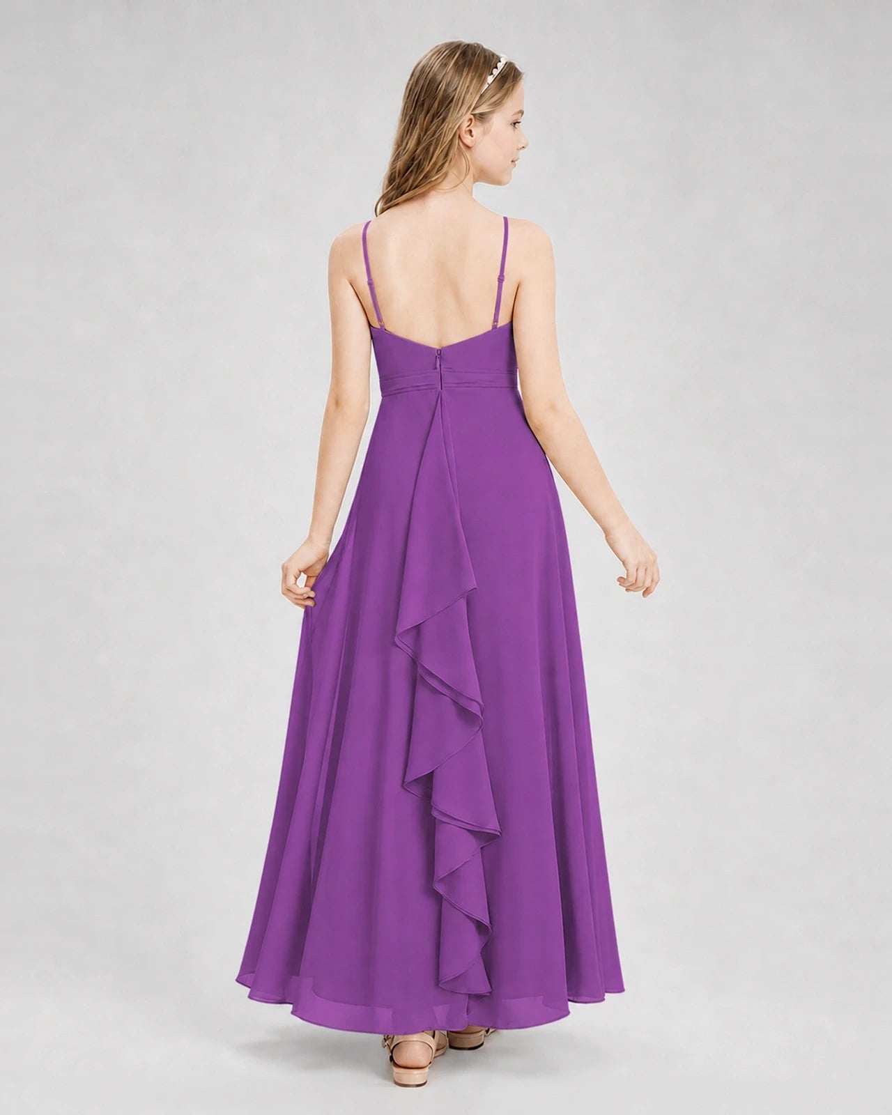 Dideyttawl Pleated Chiffon Junior Bridesmaid Dress with Back Cascading Ruffle