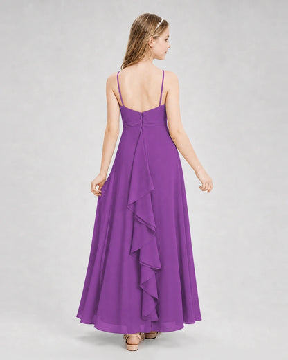 Dideyttawl Pleated Chiffon Junior Bridesmaid Dress with Back Cascading Ruffle