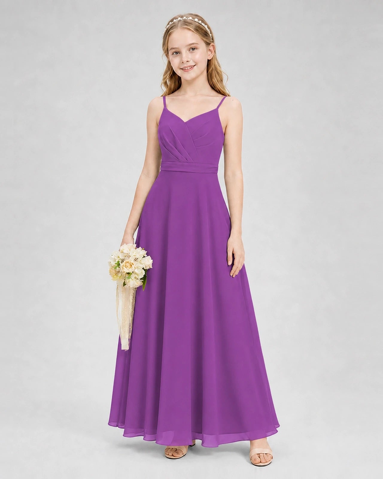 Dideyttawl Pleated Chiffon Junior Bridesmaid Dress with Back Cascading Ruffle