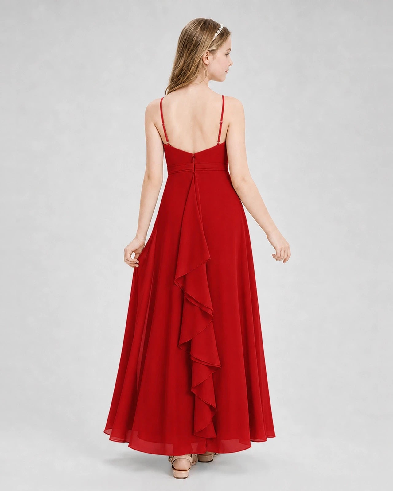 Dideyttawl Pleated Chiffon Junior Bridesmaid Dress with Back Cascading Ruffle