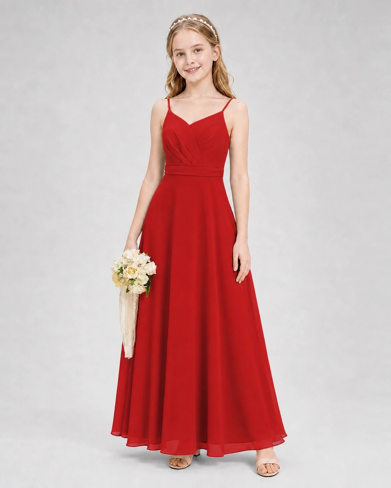 Dideyttawl Pleated Chiffon Junior Bridesmaid Dress with Back Cascading Ruffle