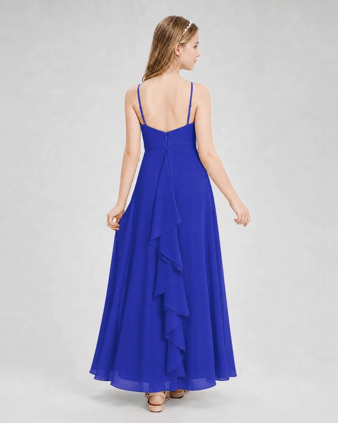 Dideyttawl Pleated Chiffon Junior Bridesmaid Dress with Back Cascading Ruffle