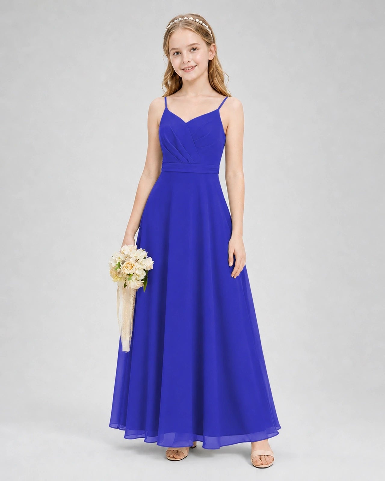 Dideyttawl Pleated Chiffon Junior Bridesmaid Dress with Back Cascading Ruffle
