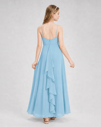 Dideyttawl Pleated Chiffon Junior Bridesmaid Dress with Back Cascading Ruffle