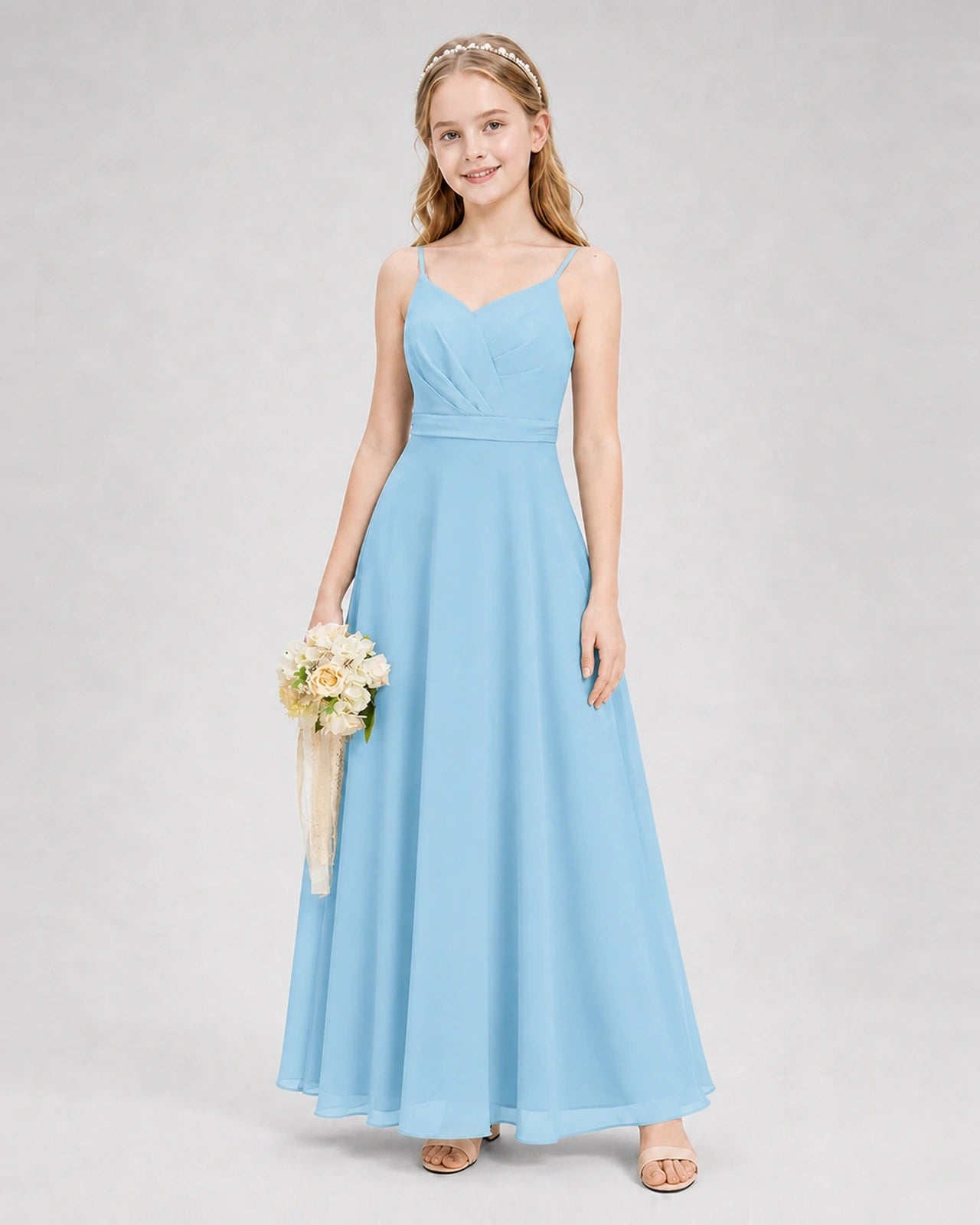 Dideyttawl Pleated Chiffon Junior Bridesmaid Dress with Back Cascading Ruffle