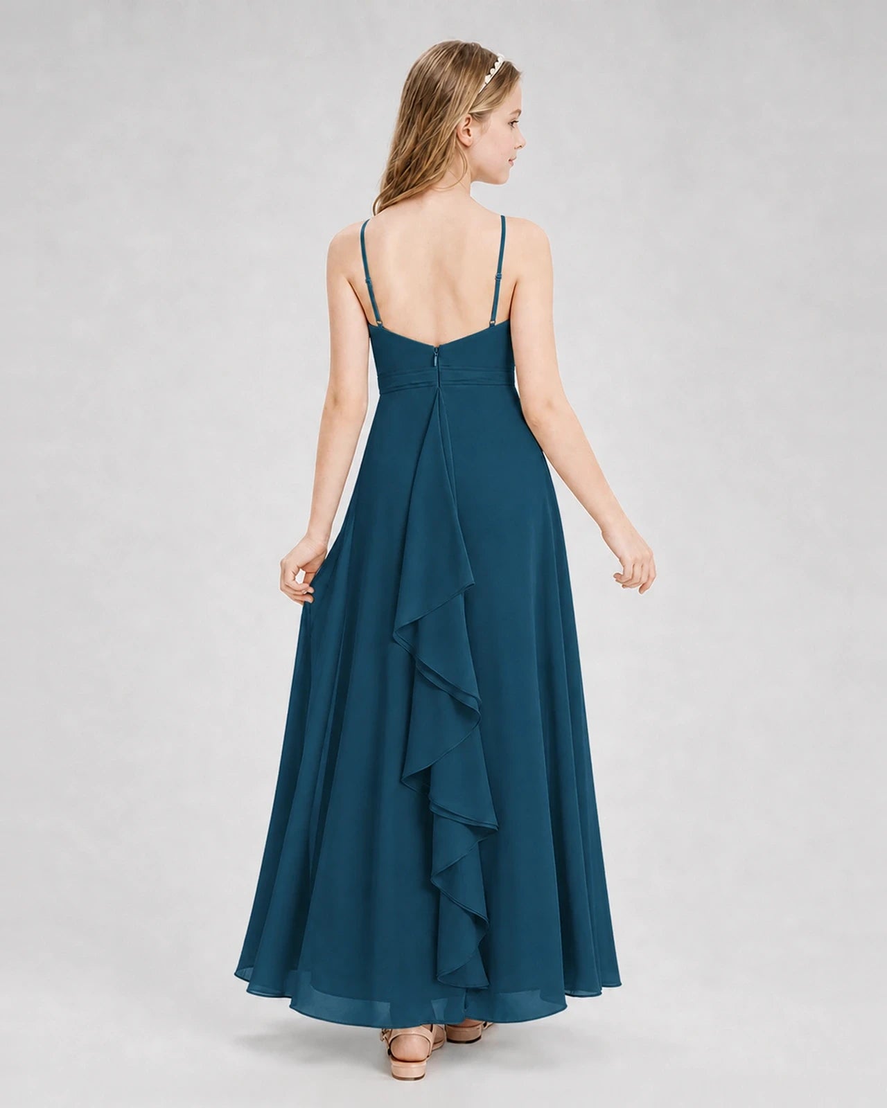 Dideyttawl Pleated Chiffon Junior Bridesmaid Dress with Back Cascading Ruffle