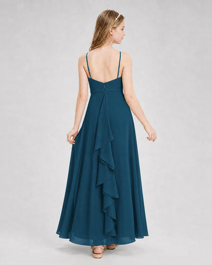 Dideyttawl Pleated Chiffon Junior Bridesmaid Dress with Back Cascading Ruffle