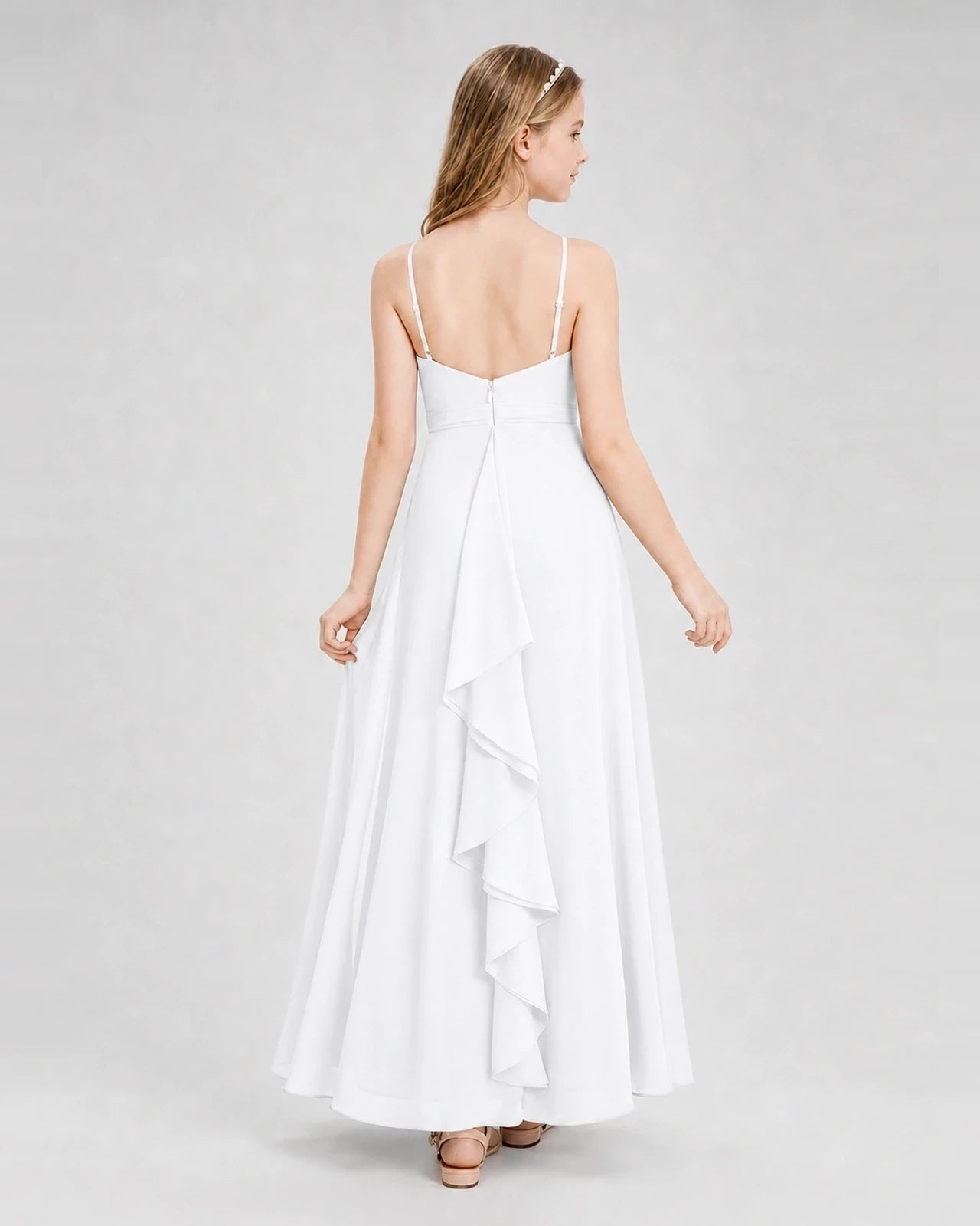 Dideyttawl Pleated Chiffon Junior Bridesmaid Dress with Back Cascading Ruffle