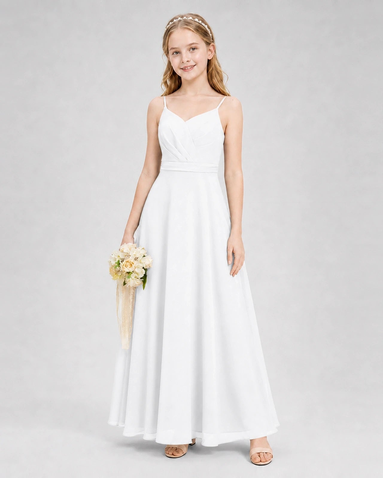 Dideyttawl Pleated Chiffon Junior Bridesmaid Dress with Back Cascading Ruffle