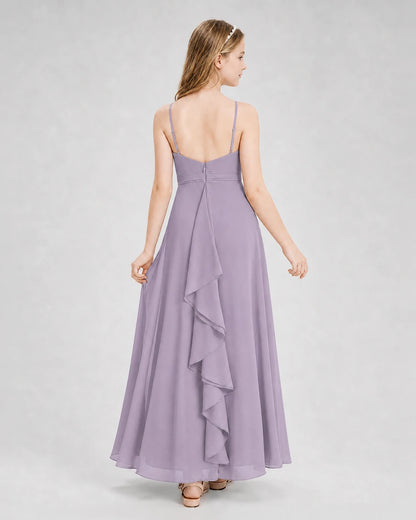 Dideyttawl Pleated Chiffon Junior Bridesmaid Dress with Back Cascading Ruffle