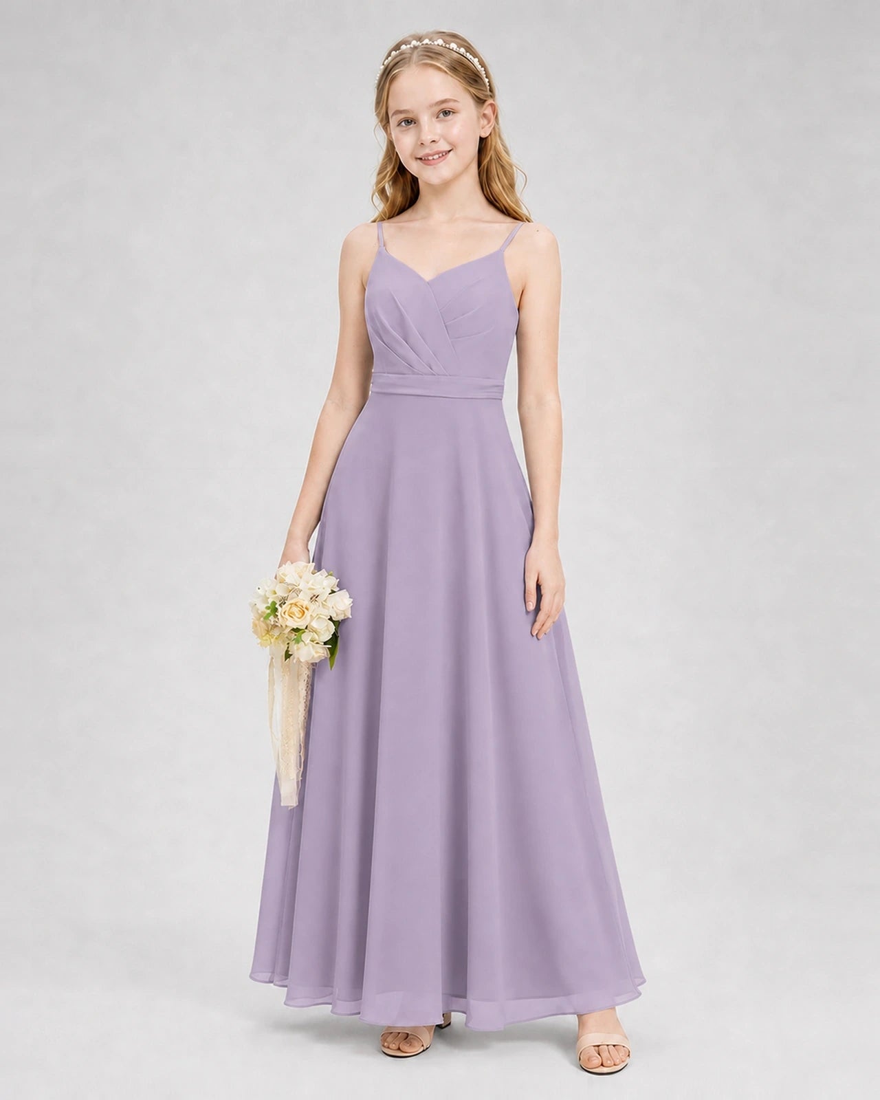 Dideyttawl Pleated Chiffon Junior Bridesmaid Dress with Back Cascading Ruffle