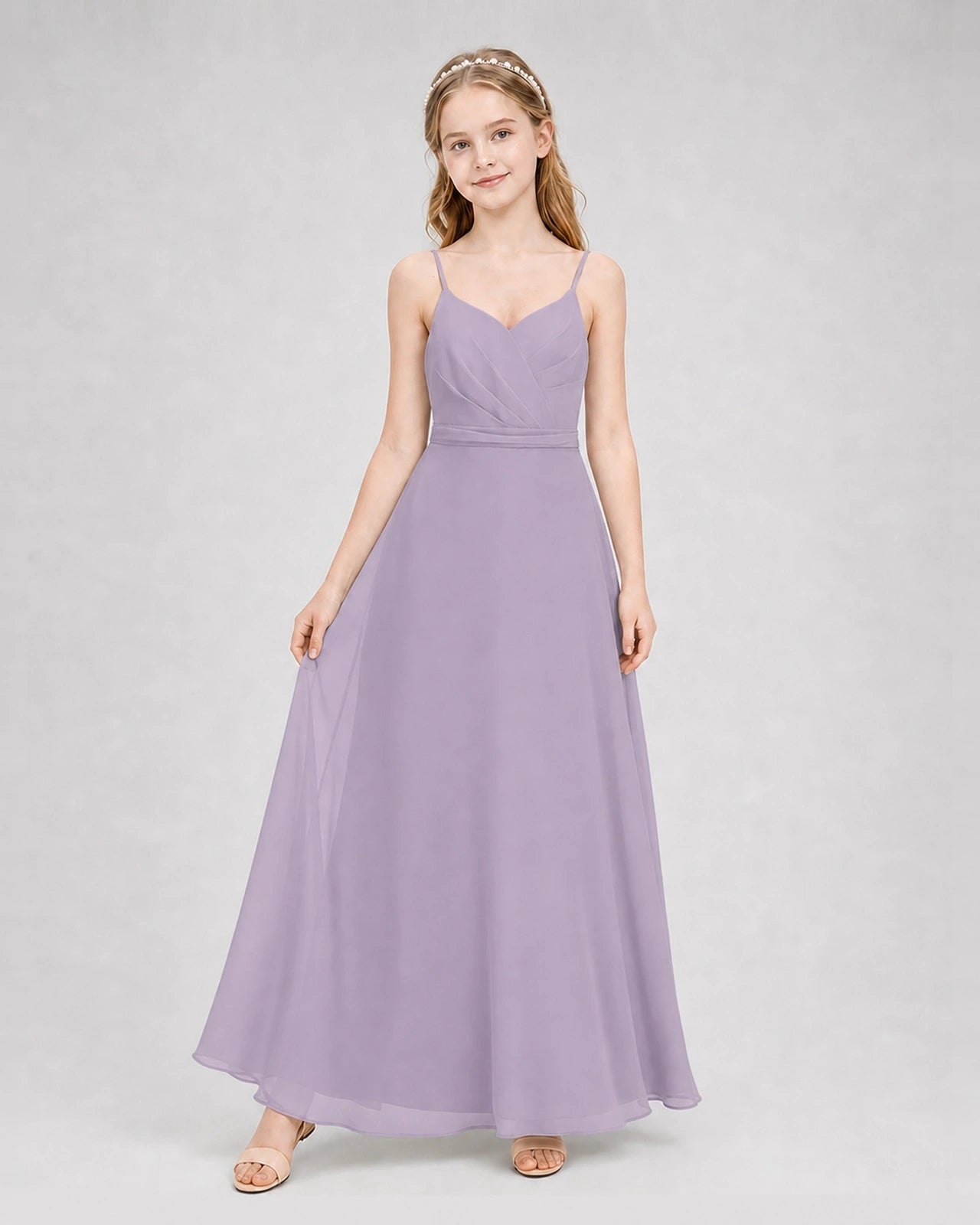 Dideyttawl Pleated Chiffon Junior Bridesmaid Dress with Back Cascading Ruffle
