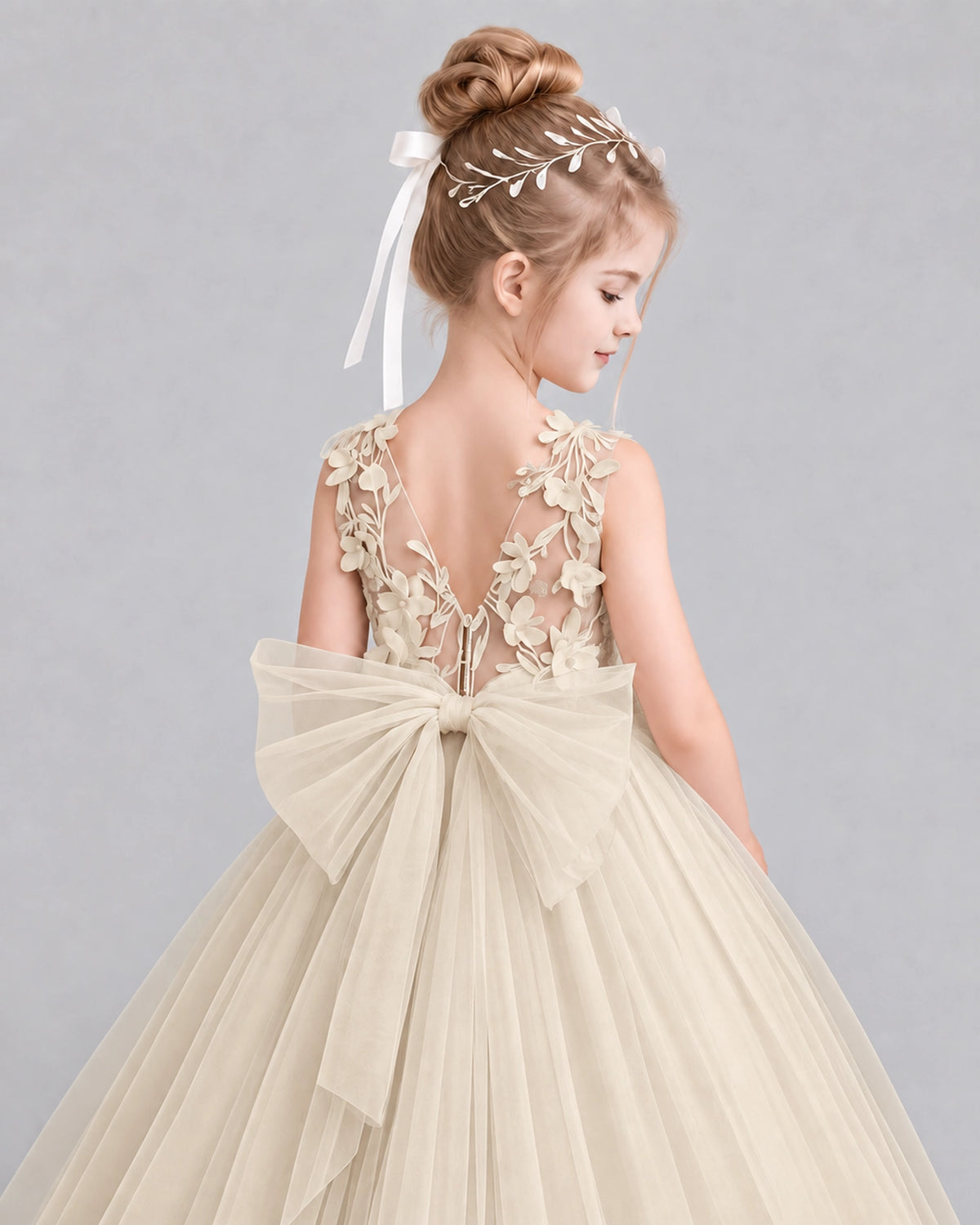 Champagne Tulle Flower Girl Dress Back Detail View