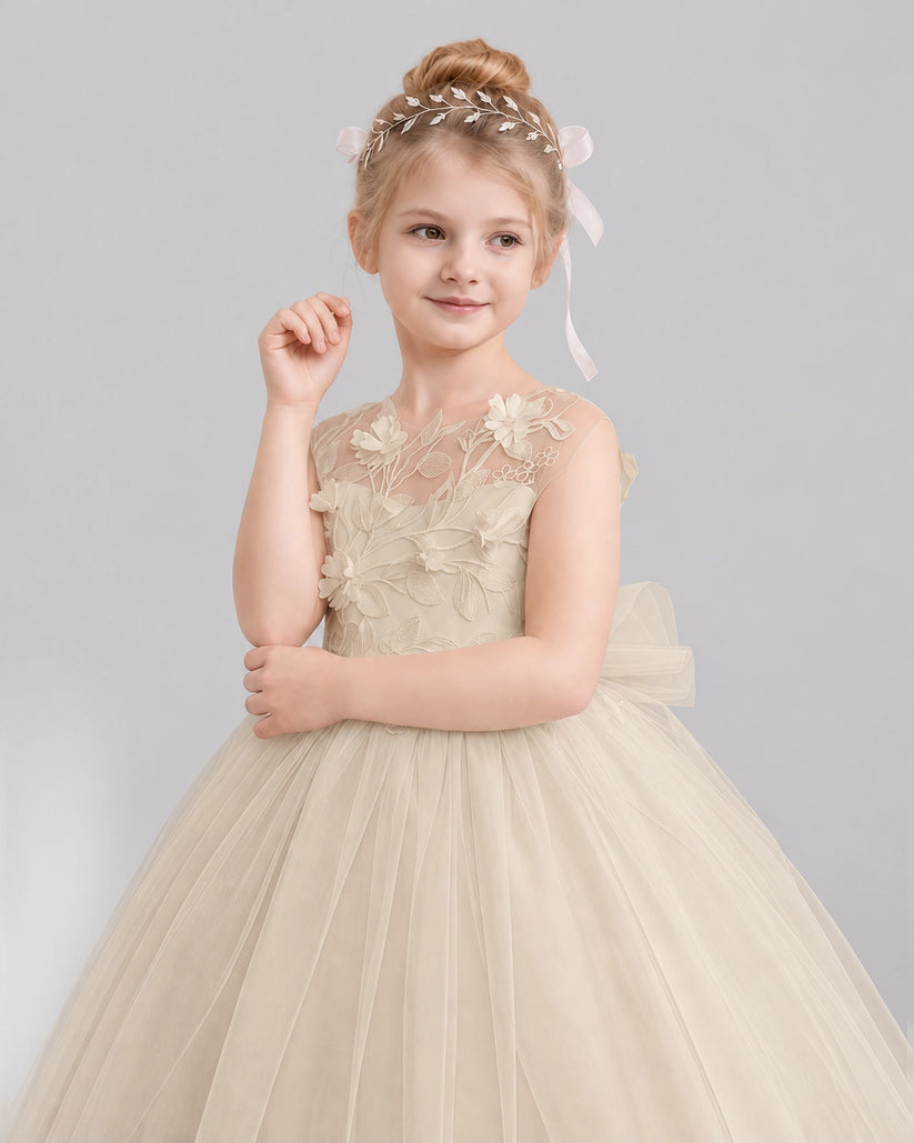 Champagne Tulle Flower Girl Dress Detail View