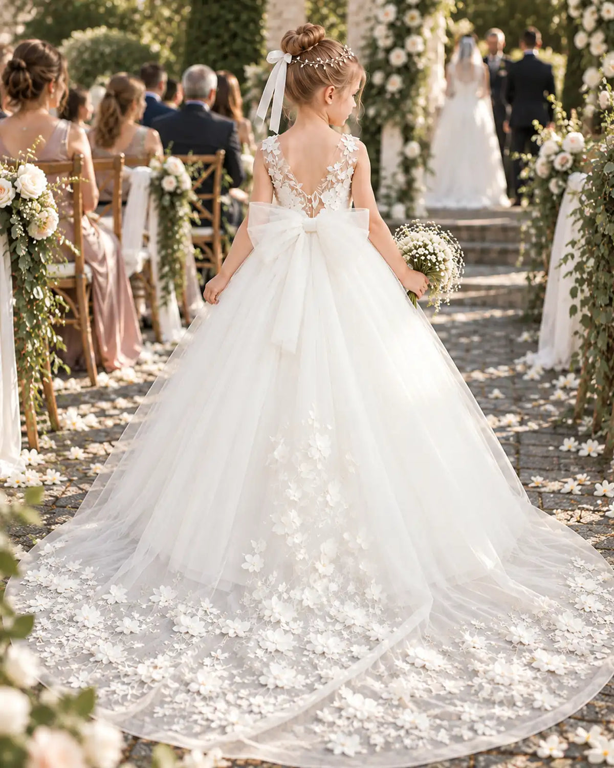 White Tulle A-line Flower Girl Dress Back View