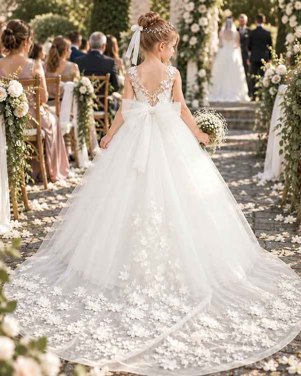 White Tulle A-line Flower Girl Dress Back View