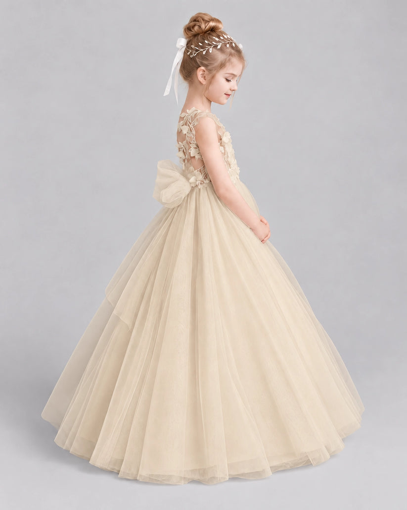 Champagne Tulle A-line Flower Girl Dress Back View
