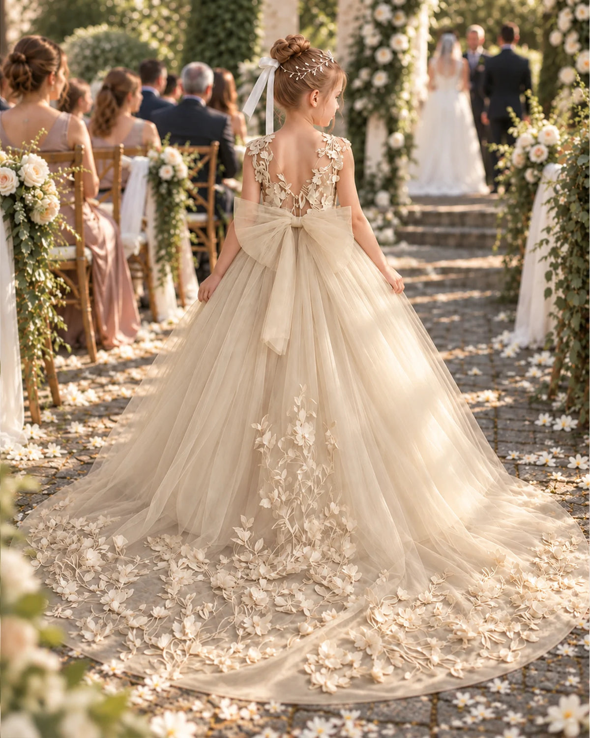 Champagne Tulle Ball Gown Flower Girl Dress Back View