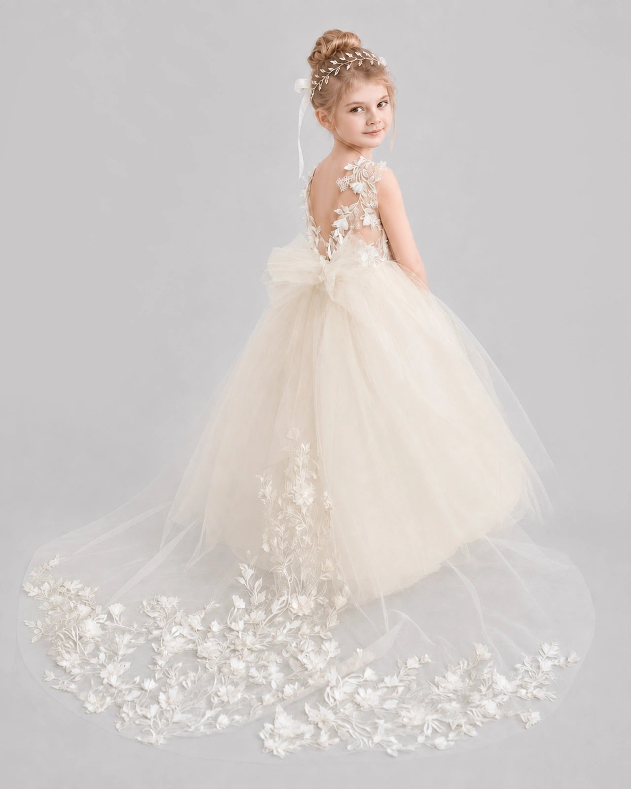 Champagne Flower Girl Dress Backless Lace Tulle Ball Gown Side View