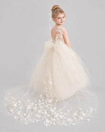 Champagne Flower Girl Dress Backless Lace Tulle Ball Gown Side View