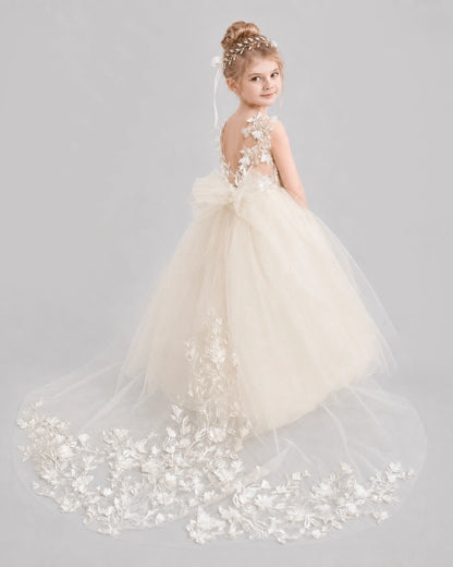 Champagne Flower Girl Dress Backless Lace Tulle Ball Gown Side View