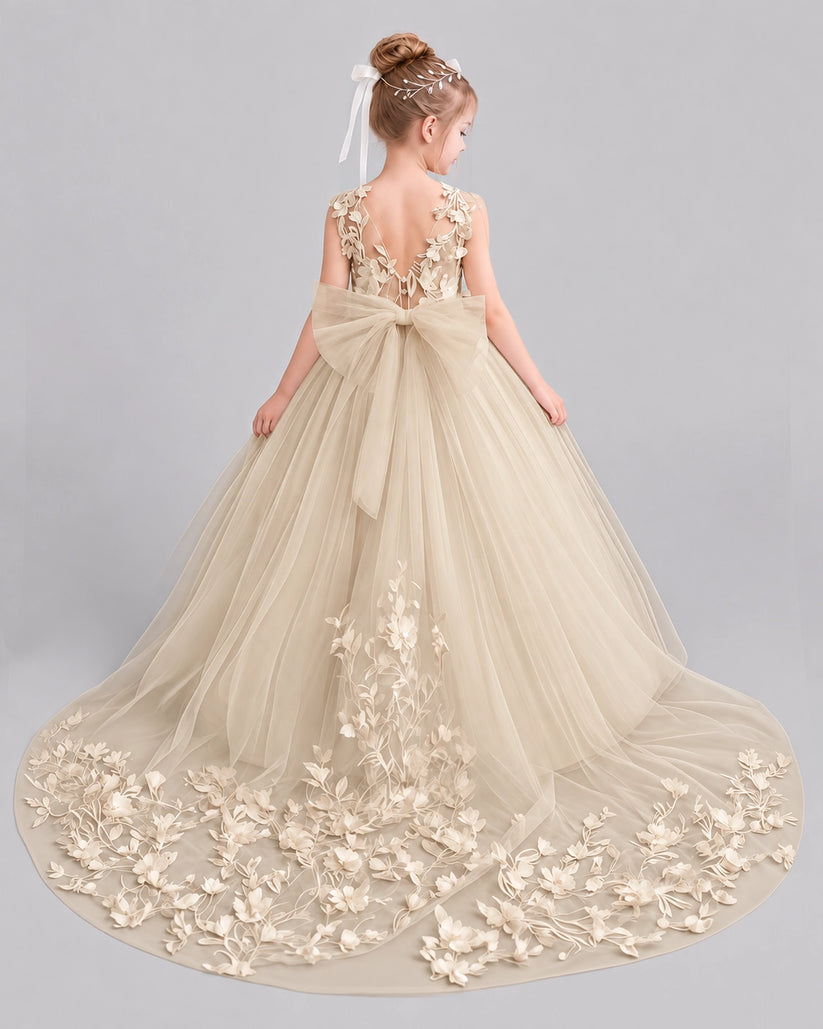 Champagne Tulle Ball Gown Flower Girl Dress Back View