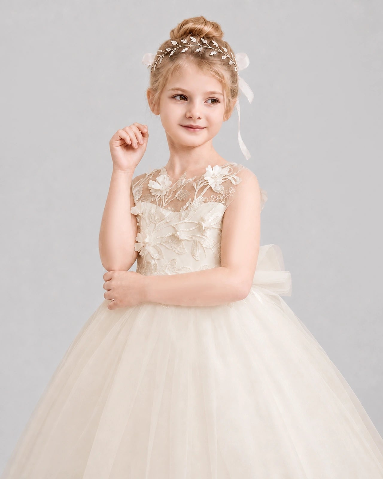 Champagne Flower Girl Dress Backless Lace Tulle Ball Gown Front View