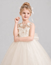 Champagne Flower Girl Dress Backless Lace Tulle Ball Gown Front View