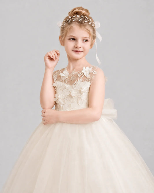 Champagne Tulle A-line Flower Girl Dress Front View