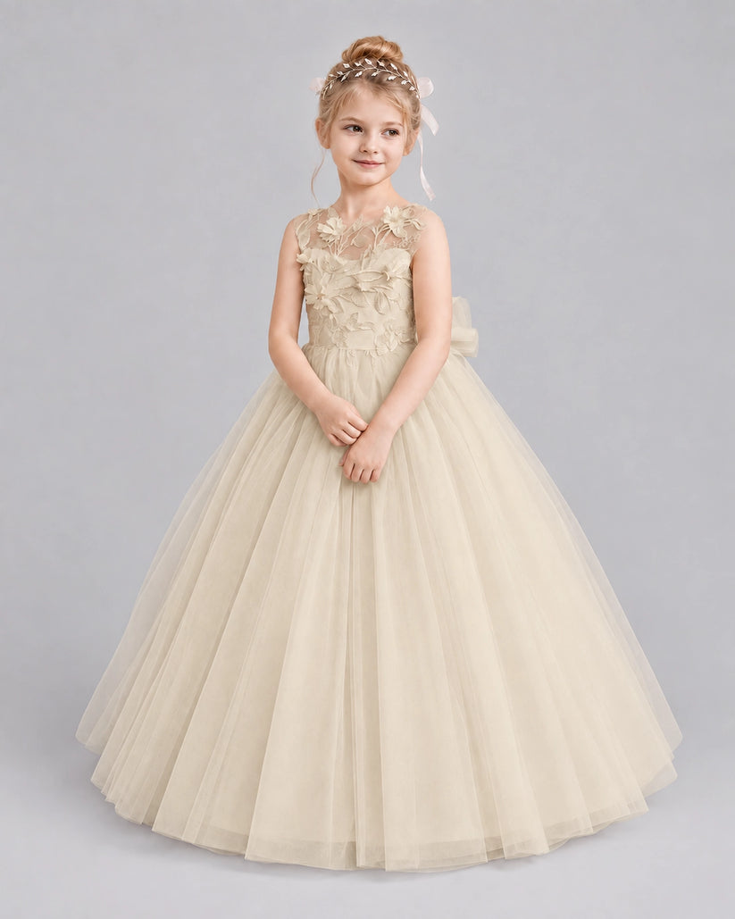 Champagne Tulle A-line Flower Girl Dress Front View