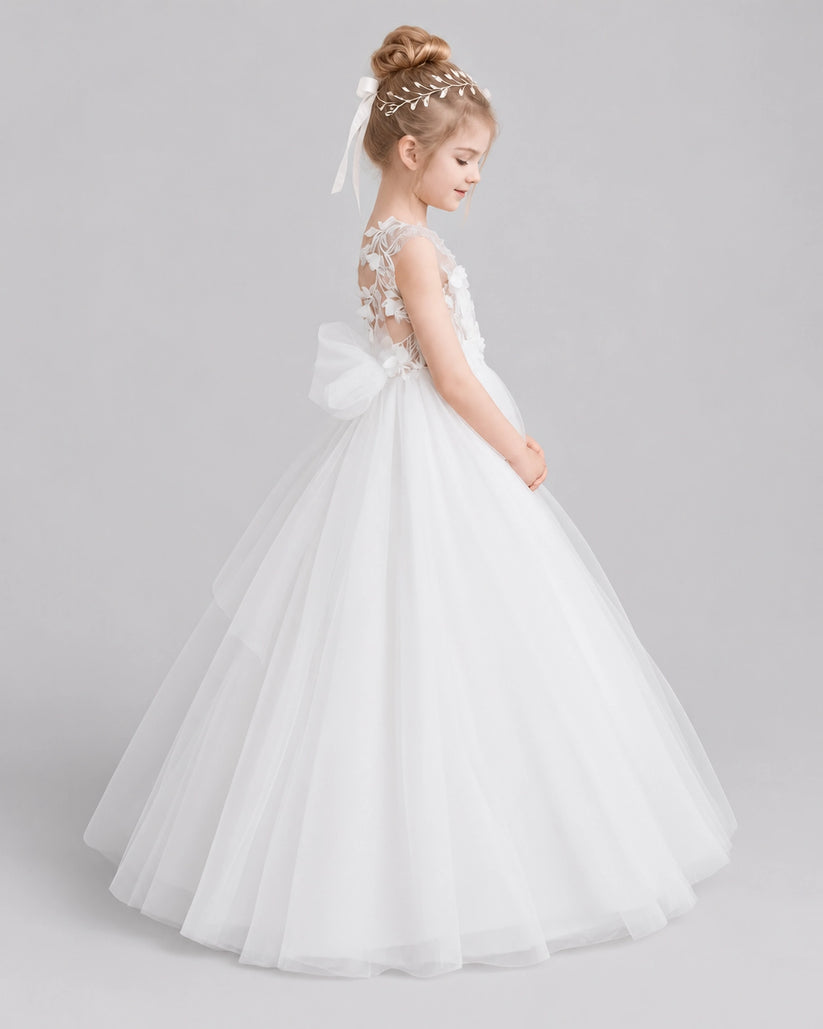 Ivory Tulle Ball Gown Flower Girl Dress Back View